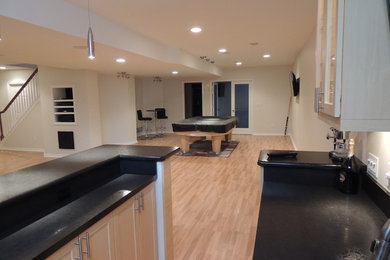 Mid-sized trendy look-out light wood floor and beige floor basement photo in Detroit with beige walls
