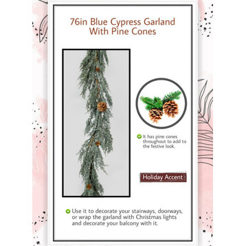 Artificial Cypress Garland With Pine Cones, In 2 Style, 76" Blue Cypress Garland