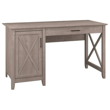 Farmhouse Desk, Large Drawer & X-Shaped Accented Door, Washed Gray