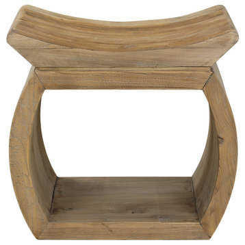 Midcentury Modern Open Reclaimed Wood Accent Stool, Asian Oriental Bench Shelf