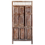 Mogul Interior - Consigned 19c Antique carved Indian door Teak Garden Farmhouse Carved Doors - Antique carved Indian door, Teak wood door, Carved Wooden Doors, Rustic Garden Doors, Architectural Design, Accent Farmhouse Decor 84x39 : This antique carved Indian door is made from durable teak wood, featuring intricate carved details and a rustic garden design. Perfect for adding an architectural touch to farmhouse decor, this door measures 84x39 inches. Elevate your space with this beautiful accent piece. This Elegant Royal Antique Indian Door & Frame is made from strong teak wood and embellished with iron door pulls, carved diamonds for a rustic yet elegant character. The door sits on pegs and has an iron jali on the top, the inner 2 panels open while the third single side panels is fixed. White washed hues give the woods a soft patina.Perfect for your interiors and exteriors, the veranda, garden, bedroom, den, or wall art, this 19th century handmade door will make a statement in any space.Antique haveli doors can create a historic feel and a dramatic look. Old vintage wood Haveli doors with iron nails are earthing and grounding.Warm and inviting distressed wood doors, a beautiful charming living room Surround yourself with old-world elements that you find alluring, your living space uplifts your spirits and brightens your horizons. Discover your inner self, the dimension that pleases and nurtures you, and bring that charming aura into your home