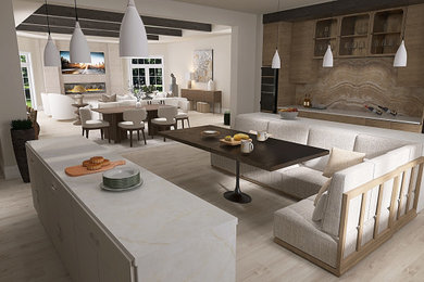 Large minimalist open concept exposed beam, light wood floor and beige floor living room photo in Detroit with a standard fireplace, a stone fireplace and a wall-mounted tv
