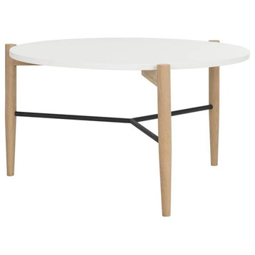 Coffee Table, Wooden Legs With Black Metal Support & Round Top, White/Natural