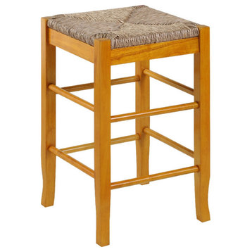 Chris 24" Counter Stool With Wood Frame, Handwoven Rush Seat, Oak Brown