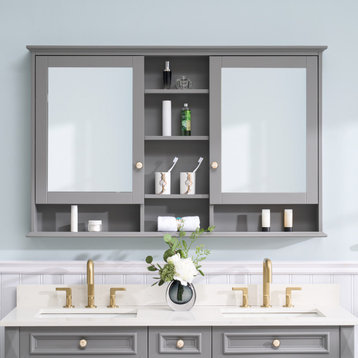 Solid Wood Bathroom Medicine Cabinet With Silver Coated Mirror, Titainum Grey, 55x35