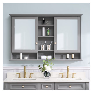 Solid Wood Bathroom Medicine Cabinet With Silver Coated Mirror, 55"x35 ...