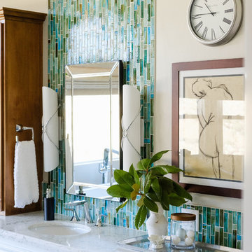 White & Bright Master Bathroom w/ Teal mosaic tile backsplash & Freestanding tub