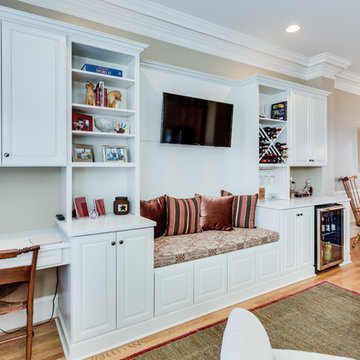 White Multi-Purpose Bar Desk Entertainment Center and Cabinet Seating Area