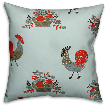 Rooster Pattern, Blue Throw Pillow, 16"x16"
