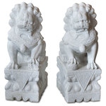 China Furniture and Arts - Imperial White Marble Chinese Foo Dogs Statues - Dimensions: 9"W x 12.25"D x 24"H each (Set of Two)