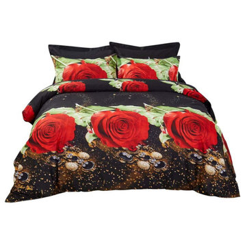 Duvet Cover Set, King Size Floral Bedding, Dolce Mela Night Roses DM707K