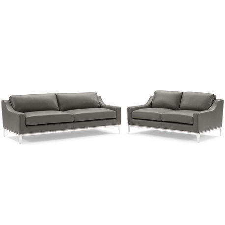 Harness Stainless Steel Base Leather Sofa and Loveseat Set, Gray