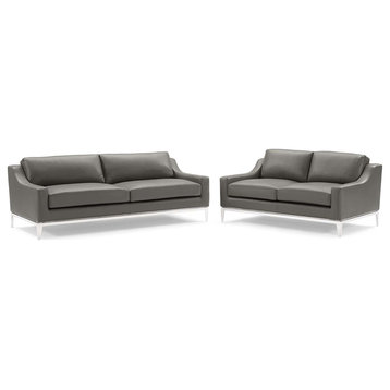 Harness Stainless Steel Base Leather Sofa and Loveseat Set, Gray