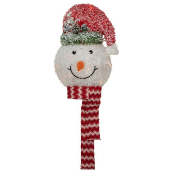 22" Lighted Snowman Wearing a Red Frosted Hat with Pine Christmas Tree Topper