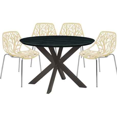 5-Piece Metal Dining Set with 4 Stackable Plastic Chairs and Round Wood Table