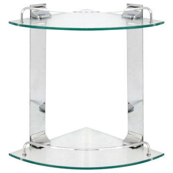 MODONA's 9.5" Double Glass Corner Shelf With Rail, Polished Chrome