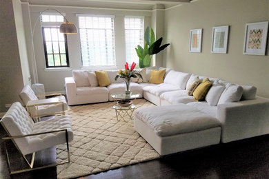 Design ideas for a large modern living room in Philadelphia with grey walls, dark hardwood floors and brown floor.