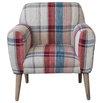 Woven Cotton Plaid Arm Chair With Mango Wood Legs and Gold Nail Heads