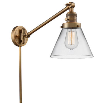 Large Cone 1-Light LED Swing Arm Light, Brushed Brass, Glass: Clear