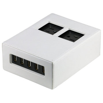 Power Hub 5 USB + 2 AC Charging Station, White Leatherette, 4 Short Cords (Lightning)