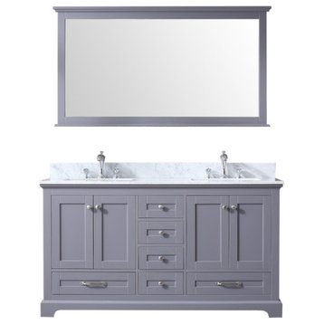 60" Dark Grey Double Vanity, White Carrara Marble Top, White Sinks & 58" Mirror