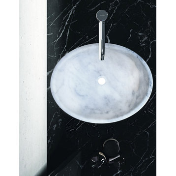 Carrara White Marble Natural Stone Oval Vessel Sink Polished, (W)16" (L)21" (H)6