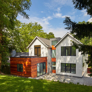 Großes, Einstöckiges, Weißes, Schwarzes Modernes Einfamilienhaus mit Holzfassade, Satteldach und Schindeldach in Washington, D.C.
