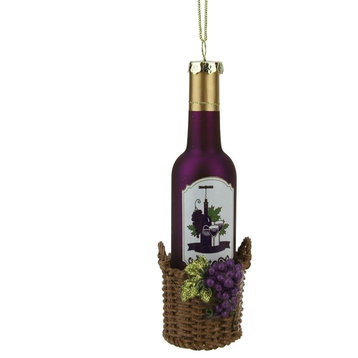 6.25" Tuscan Winery Glass Wine Bottle in Basket Christmas Ornament, Purple