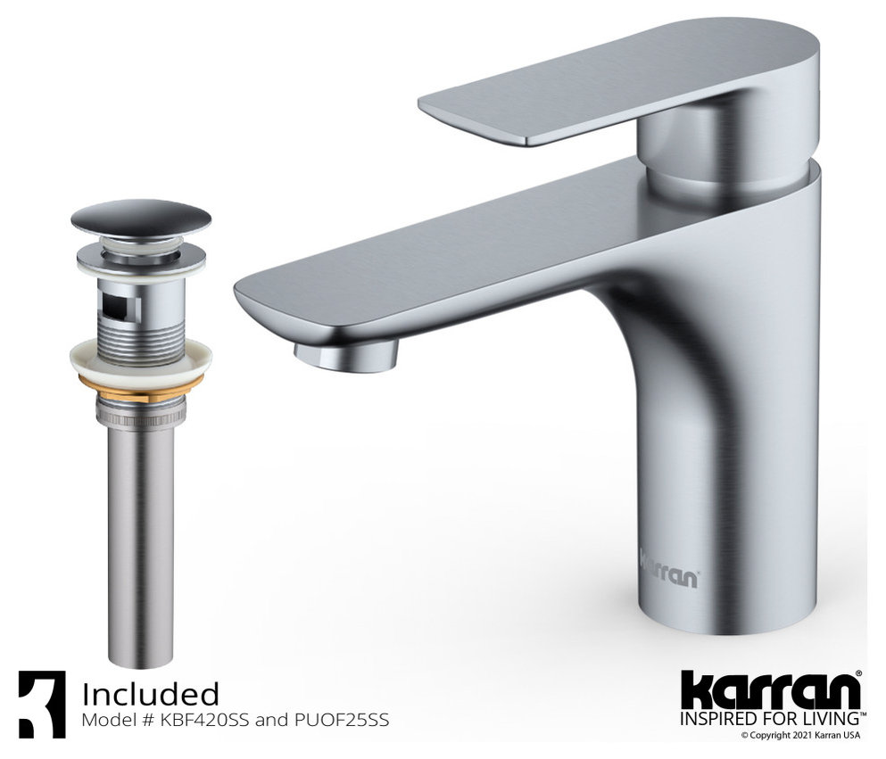 Karran KBF420 1-Hole 1-Handle Basin Faucet With Pop-up Drain, Stainless Steel