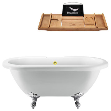 67" White Clawfoot Tub and Tray, Chrome Feet, Gold External Drain