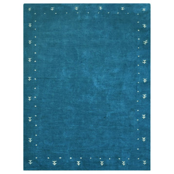 Hand Knotted Loom Silk Mix Area Rugs Contemporary Blue, [Rectangle] 5'x8'