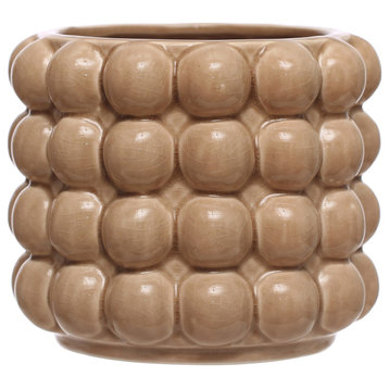 6 Inches Round Stoneware Planter With Raised Dots, Holds 4 Inches Pot, Tan