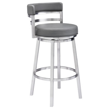 Titana 30" Bar Height Swivel Gray Faux Leather and Brushed Steel Bar Stool