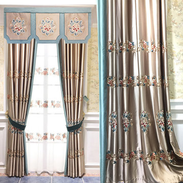 QYHL226EA Silver Beach Embroidered Flowers Faux Silk Pleated Ready Made Curtains