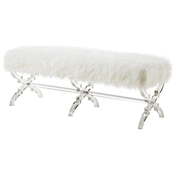 Posh Living Brayden Faux Fur Fabric Upholstered Bench with Acrylic X-Legs Cream