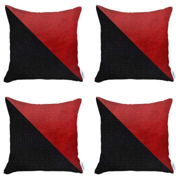 Set of 4 Red And Faux Leather Lumbar Pillow Covers