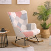 Mid Century Fabric Rocking Chair With Wood Legs and Patchwork Linen, Pink