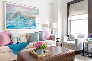 Mid-sized transitional open concept brown floor and dark wood floor living room photo in New York with white walls, no fireplace and a media wall