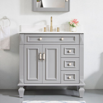 Solid Wood Bathroom Vanity with Quartz Top and cUPC Certified Sink, Titainum Grey, 36 Inch