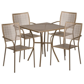 28'' Square Indoor-Outdoor Steel Patio Table Set With 4 Square Back Chairs, Gold