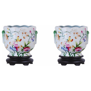 Set of 2 Round Scallop Rim Floral Porcelain Pot Base 7"