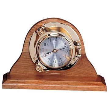 7.5" Polished Brass Quartz Porthole Clock on Oak Wood Base