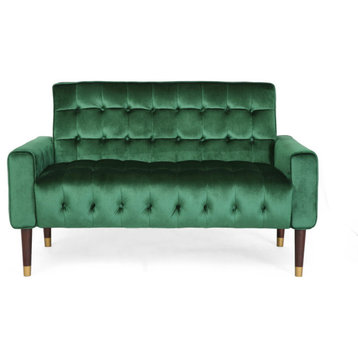 Aubrie Tufted Velvet Loveseat With Gold Tipped Tapered Legs, Emerald, Gold Finis