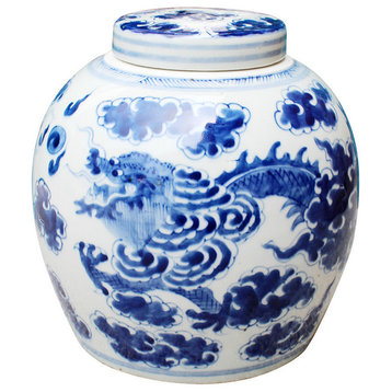 Blue and White Porcelain Ginger Jar Dragon Motif 9" With Lid