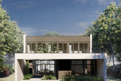 Inspiration for a modern white two-story brick exterior home remodel