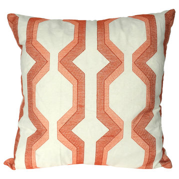 Benzara BM200586 Cotton Pillow with Geometric Embroidery, Red and White