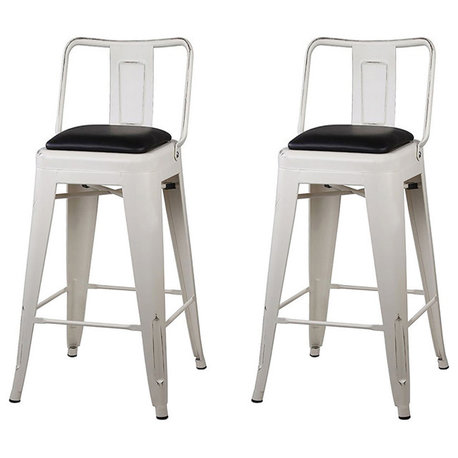 Metal White Bar Stools With Middle Back Black Vegan Leather Seat, Set of 2