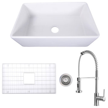 Fireclay Farmhouse Sink Set With Faucet, Grid and Drain
