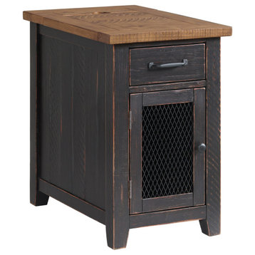 Rustic Chairside Table with Charging Station, Antique Black and Honey