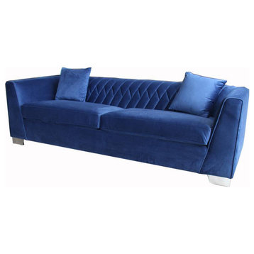 Elegant Sofa, Brushed Stainless Steel & Unique Channel Tufted Velvet Back, Blue
